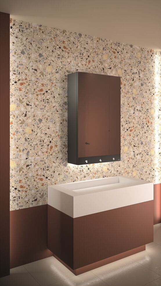 Armoire miroir avec sèche-mains, distributeur de savon et robinet automatiques | Réf. 510203  - produit présenté par DELABIE