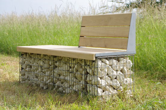  Banc gabion pierre avec dossier, structure métal et bois naturel Cèdre | Gamme Evol - AGENCE URBAINE