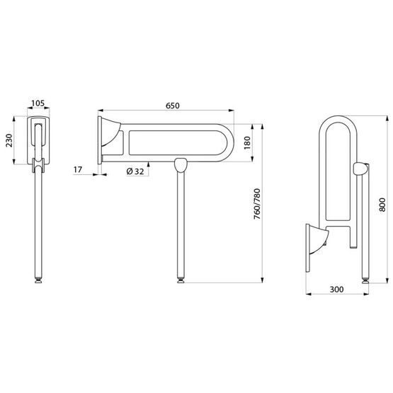  Barre de maintien rabattable avec béquille inox brillant, L. 650 mm | Réf. 510162P - Barre d'appui et accessoires PMR