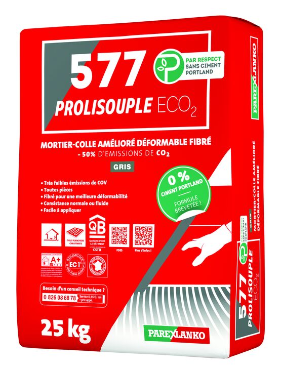  Mortier colle sans ciment pour collage de céramique sur dalle | 577 Prolisouple Eco2 - PAREXLANKO (GROUPE SIKA)