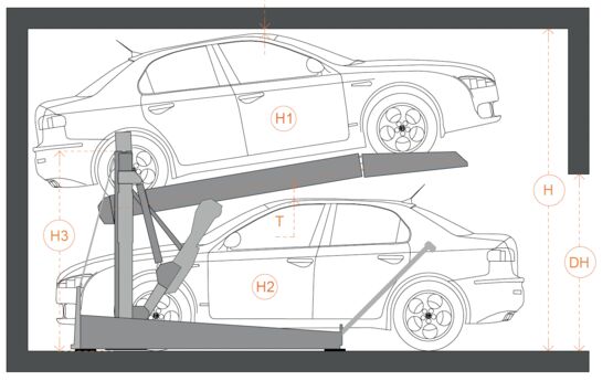  Plateforme de stationnement pour 2 voitures sans fosse pour plafond à faible hauteur ( 2,70 m minimum) | OPTILIFT - CARPARK SYSTEM