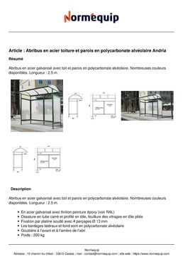 Abri bus en acier toiture et parois en polycarbonate alvéolaire Andria