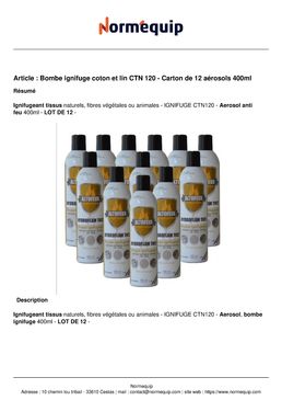 Bombe ignifuge coton et lin CTN 120 - Carton de 12 aérosols 400ml