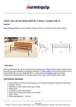 Banc de ville design Modo-08 - 6 lames - Longueur 180 cm