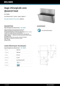 Auge chirurgic. HYGIENE dosseret haut L.1400 Inox 304 sat. | Réf. 186000