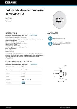 Robinet de douche temporisée M1/2'' rob. enc. tempo. ~30sec + ros. Ø130 TEMPOSOFT 2 |  Réf.749428 