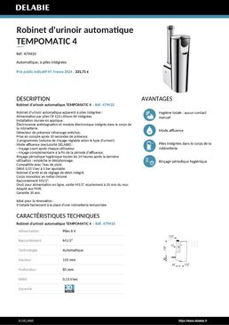 Robinet d'urinoir automatique M1/2’’ en ligne à piles 6V écart. 35 - TEMPOMATIC 4 | Réf. 479410 