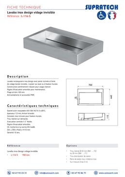 Lavabo inox mural ou à poser à vidage invisible | Lavabo inox L-114/115/116