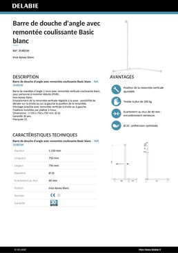 Barre de douche d'angle avec remontée coulissante basic blanc | 35481W