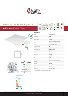 Dalle LED 40 W 3 000 k 3 700 lm IP40 PIR 80° UGR19 | Agena 169402