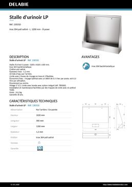 Stalle d'urinoir LP à poser L.1200 alim. arrière Inox 304 satiné | Réf. 130310