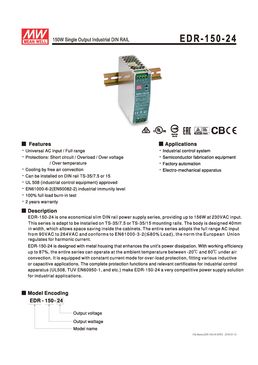 Alimentations AC/DC Rail DIN Sortie 24 V à 6,5 A (230 V ca) / 24 V à 5,2 A (115 V ca) | MEAN WELL EDR-150-24