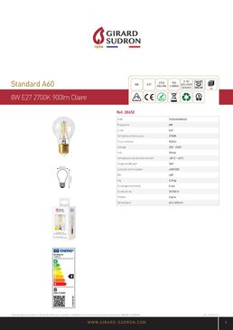 Ampoule LED filament : standard A60 8W E27 2 700 k 806 lm Dim. Cl | 28652