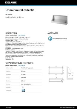 Urinoir collectif suspendu L.1200 alim. haut Inox 304 sat | Réf. 130100