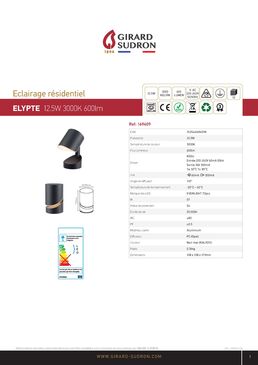 Eclairage résidentiel 12,5 W 3 000 k 600 lm 108 x 108 x 173 mm CLI IP54 | Elypte 169409