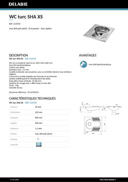 WC turc SHA XS 1 effet d'eau sans siphon Inox 304 satiné |  Réf. 113710 