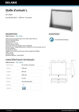 Stalle d'urinoir L à encastrer L.1200 alim. arrière Inox 304 sat | Réf. 130210