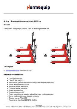 Transpalette manuel court 2000 kg