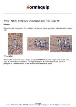 Ratelier 1 vélo mural avec arceau bloque roue - Angle 90°