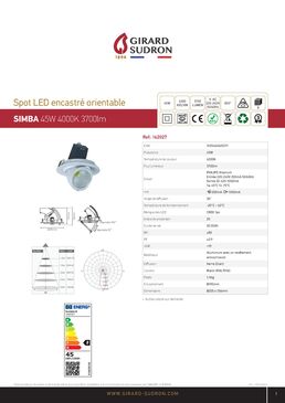 Spot encastré orientable LED Ø205 x 147 enc.Ø190 45 W 4 000 k 3 700 lm | Simba 162027