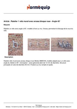 Ratelier 1 vélo mural avec arceau bloque roue - Angle 45°