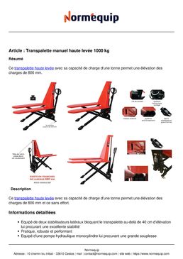 Transpalette manuel haute levée 1000 kg