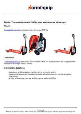 Transpalette manuel 2000 kg avec assistance au démarrage