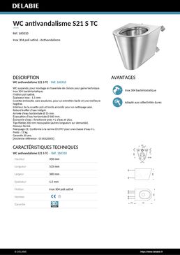 WC S21 S TC suspendu alim. horizontale Inox 304 satiné |  Réf. 160310 