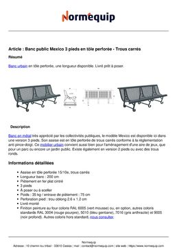 Banc public Mexico 3 pieds en tôle perforée - Trous carrés