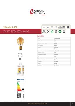 Ampoule LED filament : standard A60 Filament LED 7W E27 2 200 k 600 LM Dim. Ambre | 165456