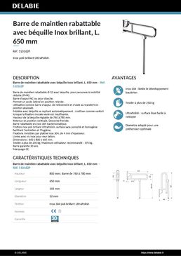 Barre de maintien rabattable avec béquille inox brillant, L. 650 mm | Réf. 510162P