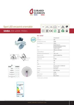 Spot encastré orientable LED Ø136x100 enc.Ø125 20 W 4000 k 1900 lm | Simba 167347