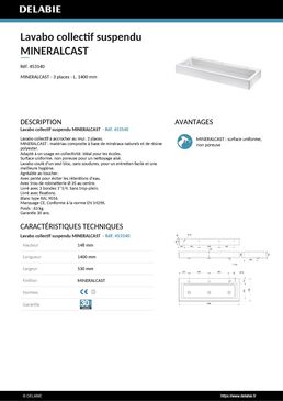 Lavabo collectif suspendu MINERALCAST | Réf. 453140 