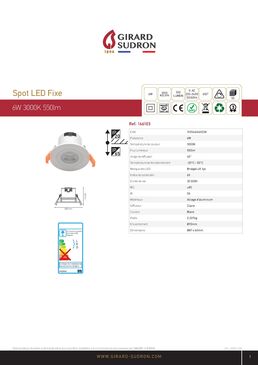 Spot LED fix plast D87 mm H60 mm IP65 6W 3 000 K 550 lm dim 40° Class II | 166103