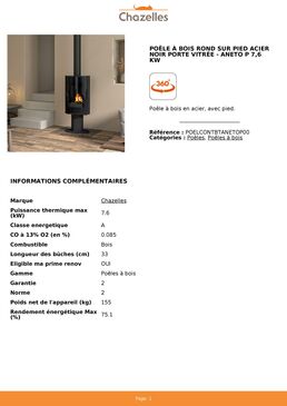 Poêle à bois rond sur pied acier noir porte vitrée | ANETO P 7,6 kW