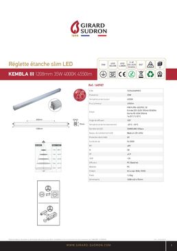 Réglette étanche SLIM LED IP65 IK08 1 448 x 63 x 75 mm 50 W 4 000 K | 168987