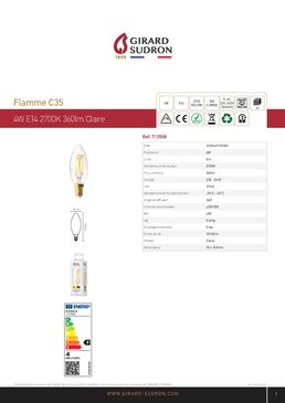 Flamme C35 Filament LED 4W E14 2 700 K 360 Lm Dim. Cl.