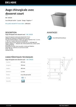 Auge chirurgic. HYGIENE dosseret court L.700 Inox 304 satiné | Réf. 185020