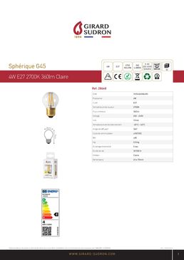 Ampoule LED filament : sphérique G45 4W E27 2 700 k 350 Lm Dim. Cl. | 28648