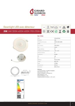 Spot encastré avec détecteur 24 W CCT 3 000/4 000/6 000 | ZeroWatt Downlight ZOE 