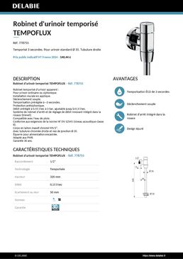 Robinet TEMPOFLUX en kit pour urinoir M1/2'' rob. app. eq. ~3sec + rob. arrêt | Réf.778755