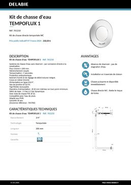 Kit de chasse d'eau TEMPOFLUX 1 pour WC M3/4'' rob. TC 200 tempo. ~7sec + tube Ø32 | Réf. 761210 