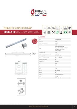 Réglette étanche SLIM LED IP65 IK08 1 448 x 63 x 75 mm 50 W 4 000 K | ETANLED 168988