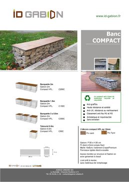 Banquette gabion pierre sans dossier, structure métal et compact haute résistance | Gamme Compact